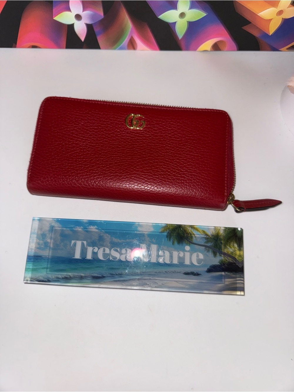 Gucci Red Leather Zip Wallet with Gold Double G